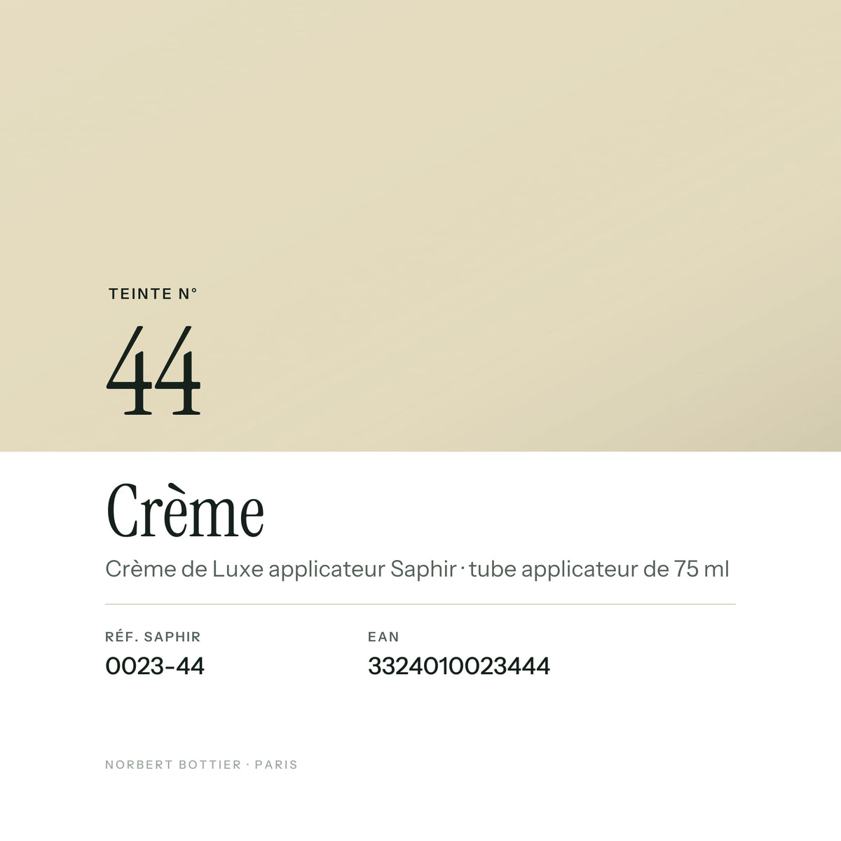 Teinte Crème n° 44 de la Crème de Luxe applicateur Saphir, réf. 0023-44, EAN 3324010023444