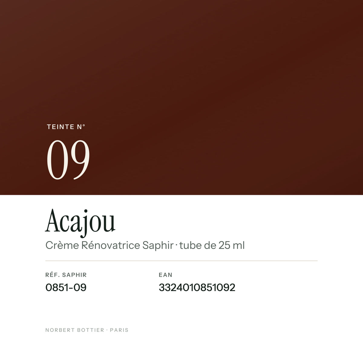 Teinte Acajou n° 09 de la Crème Rénovatrice Saphir, réf. 0851-09, EAN 3324010851092
