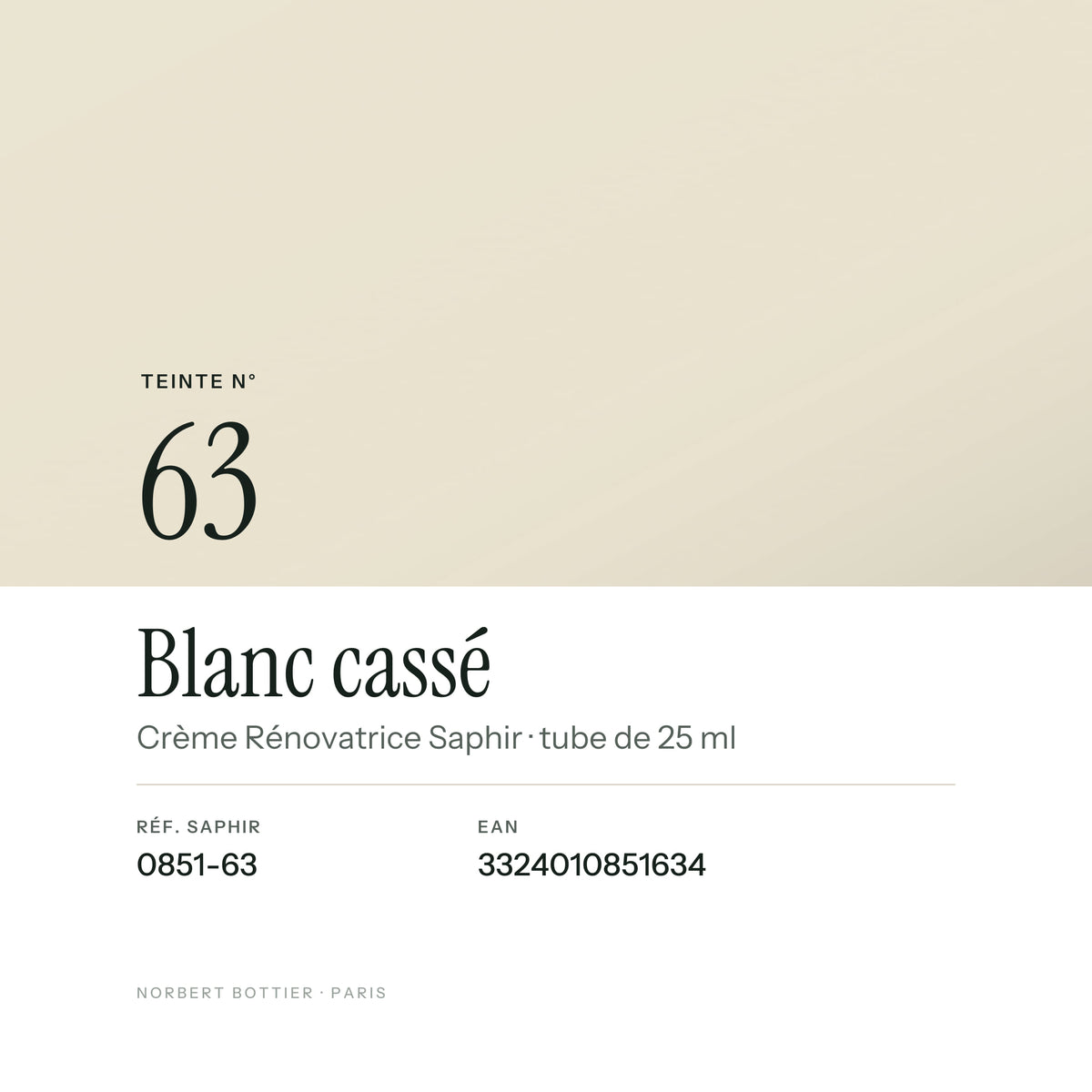 Teinte Blanc cassé n° 63 de la Crème Rénovatrice Saphir, réf. 0851-63, EAN 3324010851634