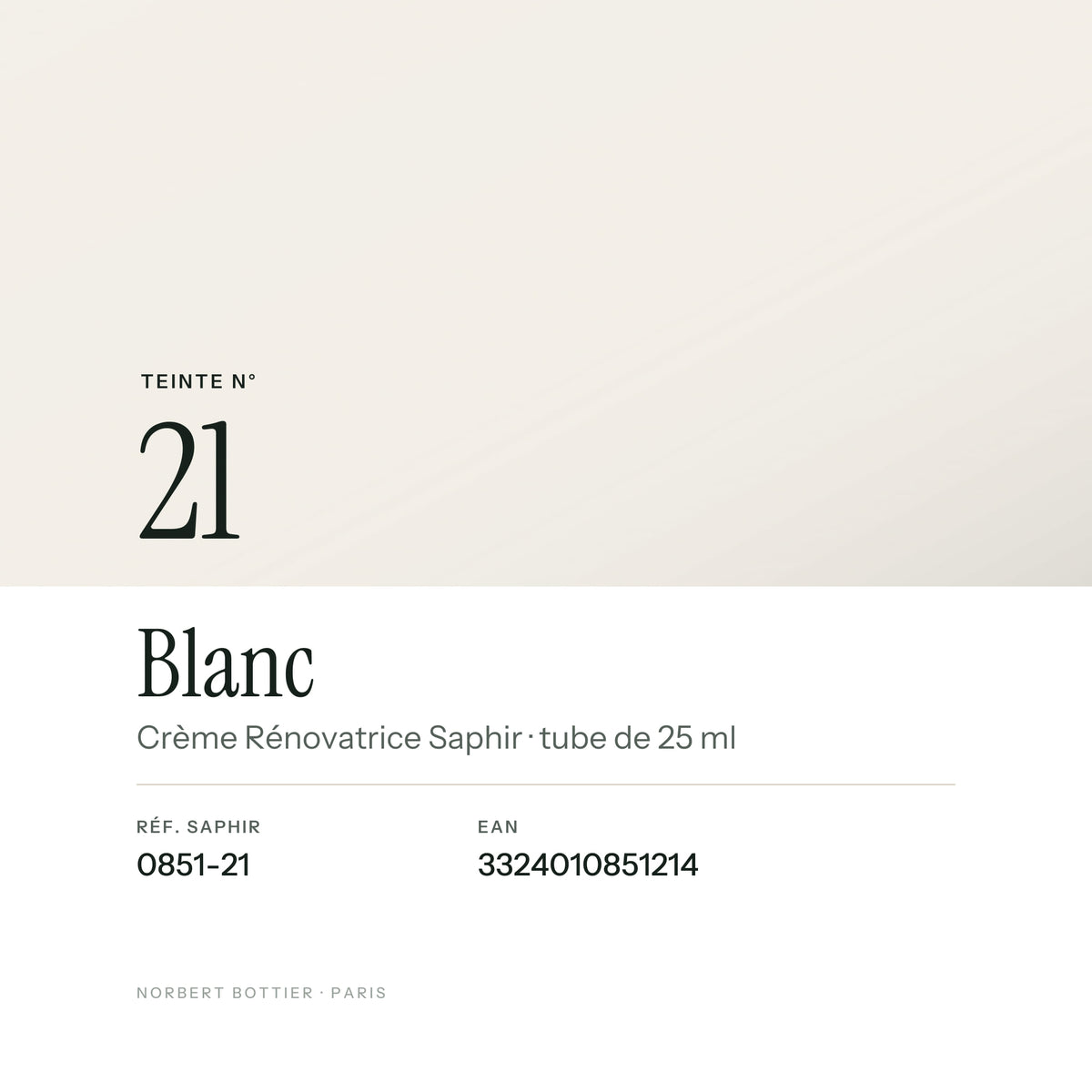 Teinte Blanc n° 21 de la Crème Rénovatrice Saphir, réf. 0851-21, EAN 3324010851214
