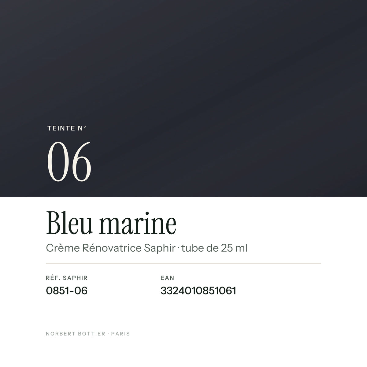 Teinte Bleu marine n° 06 de la Crème Rénovatrice Saphir, réf. 0851-06, EAN 3324010851061