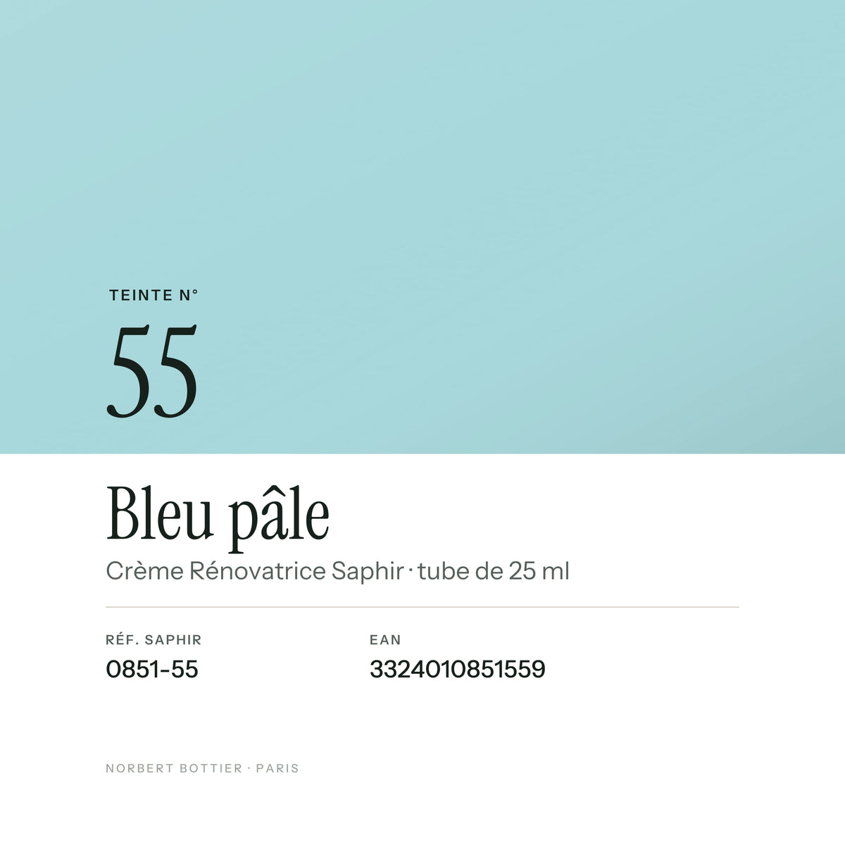 Teinte Bleu pâle n° 55 de la Crème Rénovatrice Saphir, réf. 0851-55, EAN 3324010851559