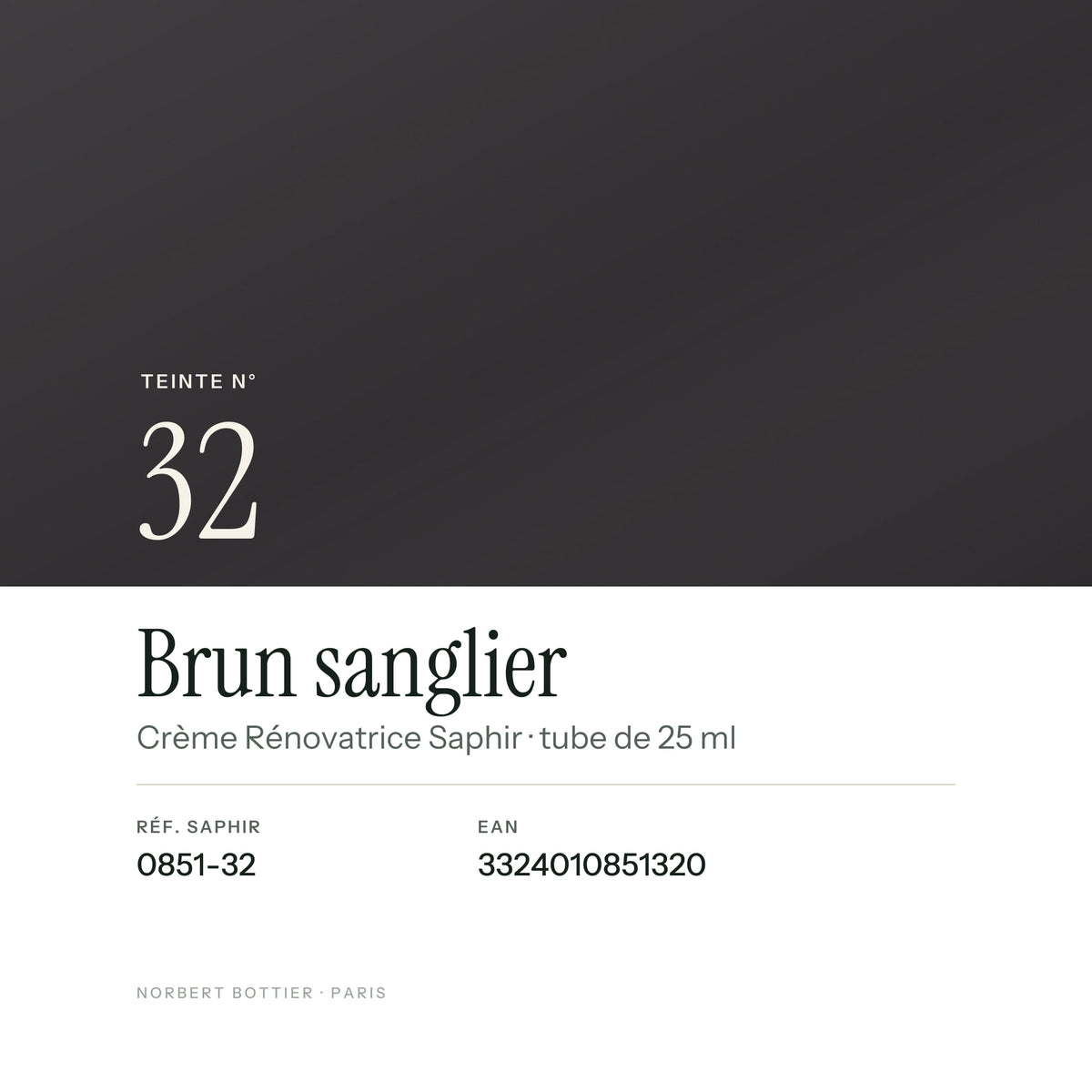 Teinte Brun sanglier n° 32 de la Crème Rénovatrice Saphir, réf. 0851-32, EAN 3324010851320