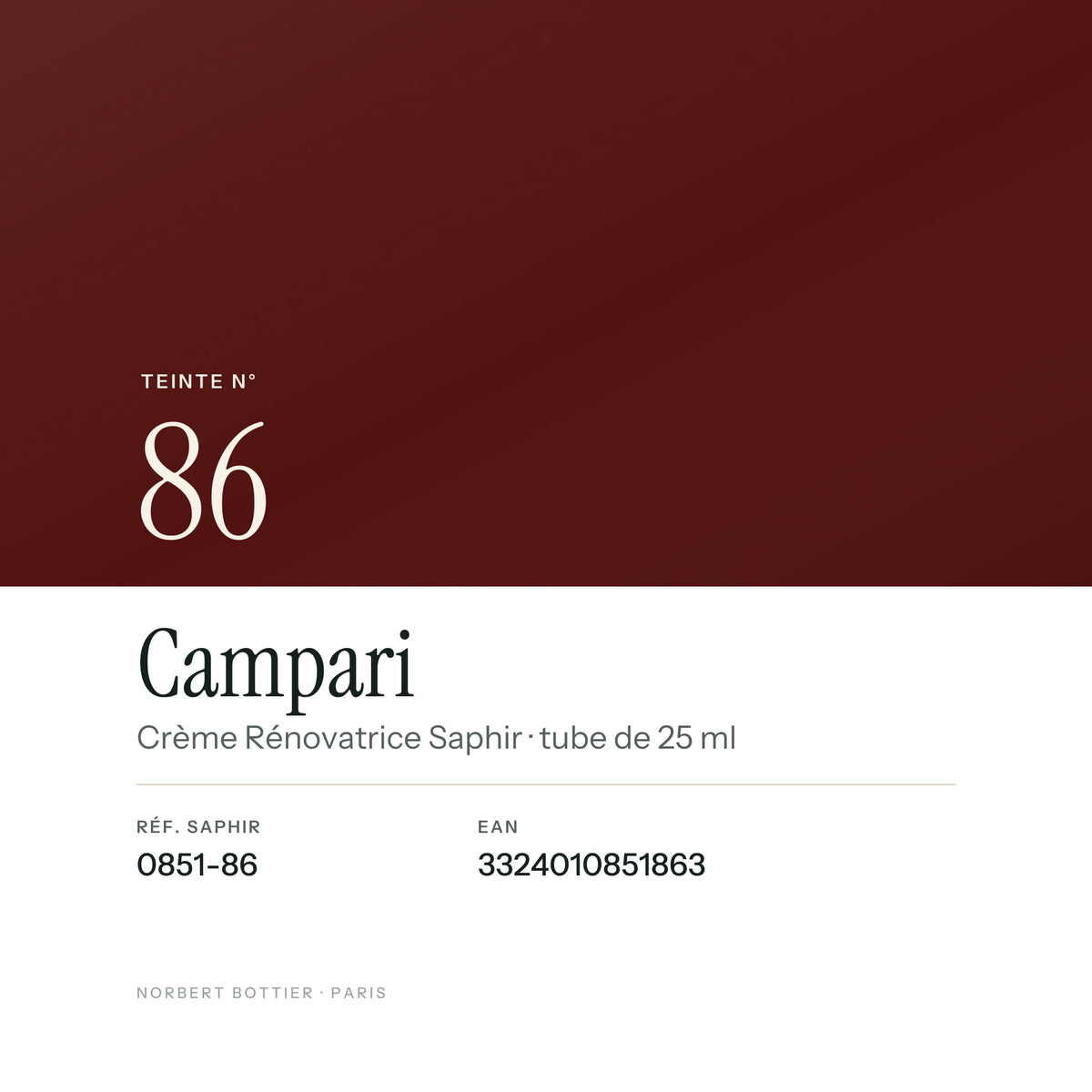 Teinte Campari n° 86 de la Crème Rénovatrice Saphir, réf. 0851-86, EAN 3324010851863