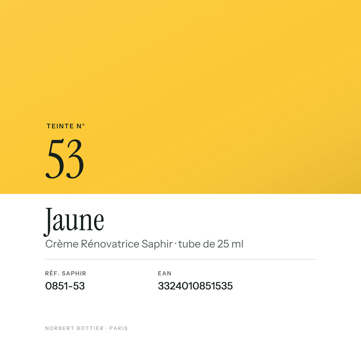 Teinte Jaune n° 53 de la Crème Rénovatrice Saphir, réf. 0851-53, EAN 3324010851535