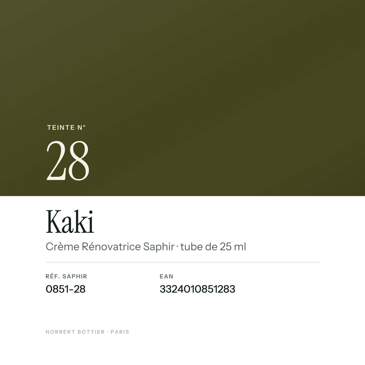 Teinte Kaki n° 28 de la Crème Rénovatrice Saphir, réf. 0851-28, EAN 3324010851283