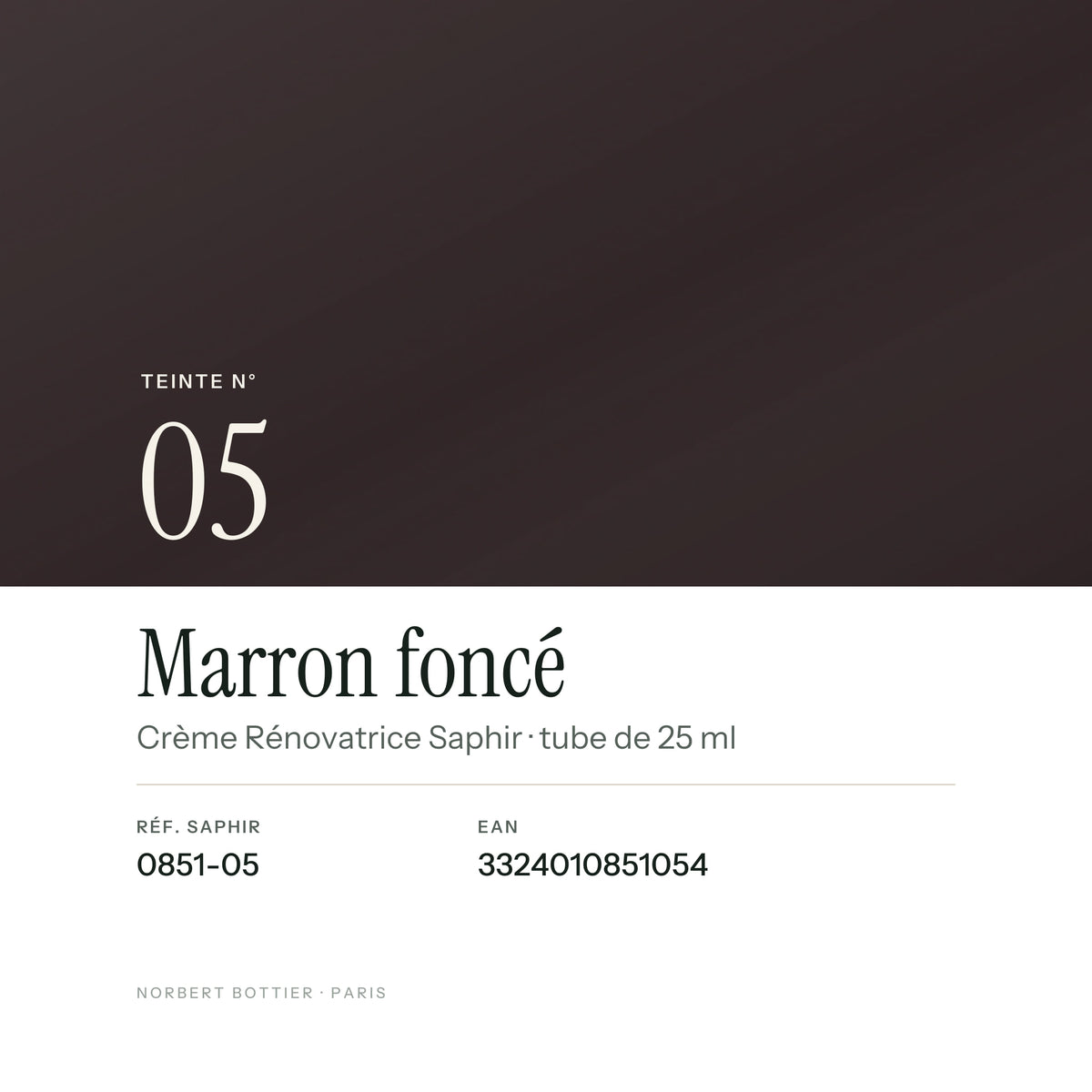 Teinte Marron foncé n° 05 de la Crème Rénovatrice Saphir, réf. 0851-05, EAN 3324010851054