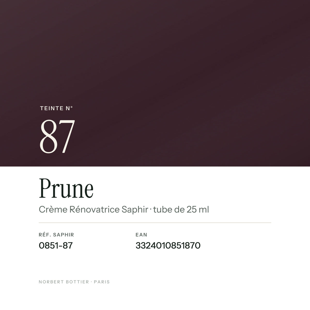Teinte Prune n° 87 de la Crème Rénovatrice Saphir, réf. 0851-87, EAN 3324010851870