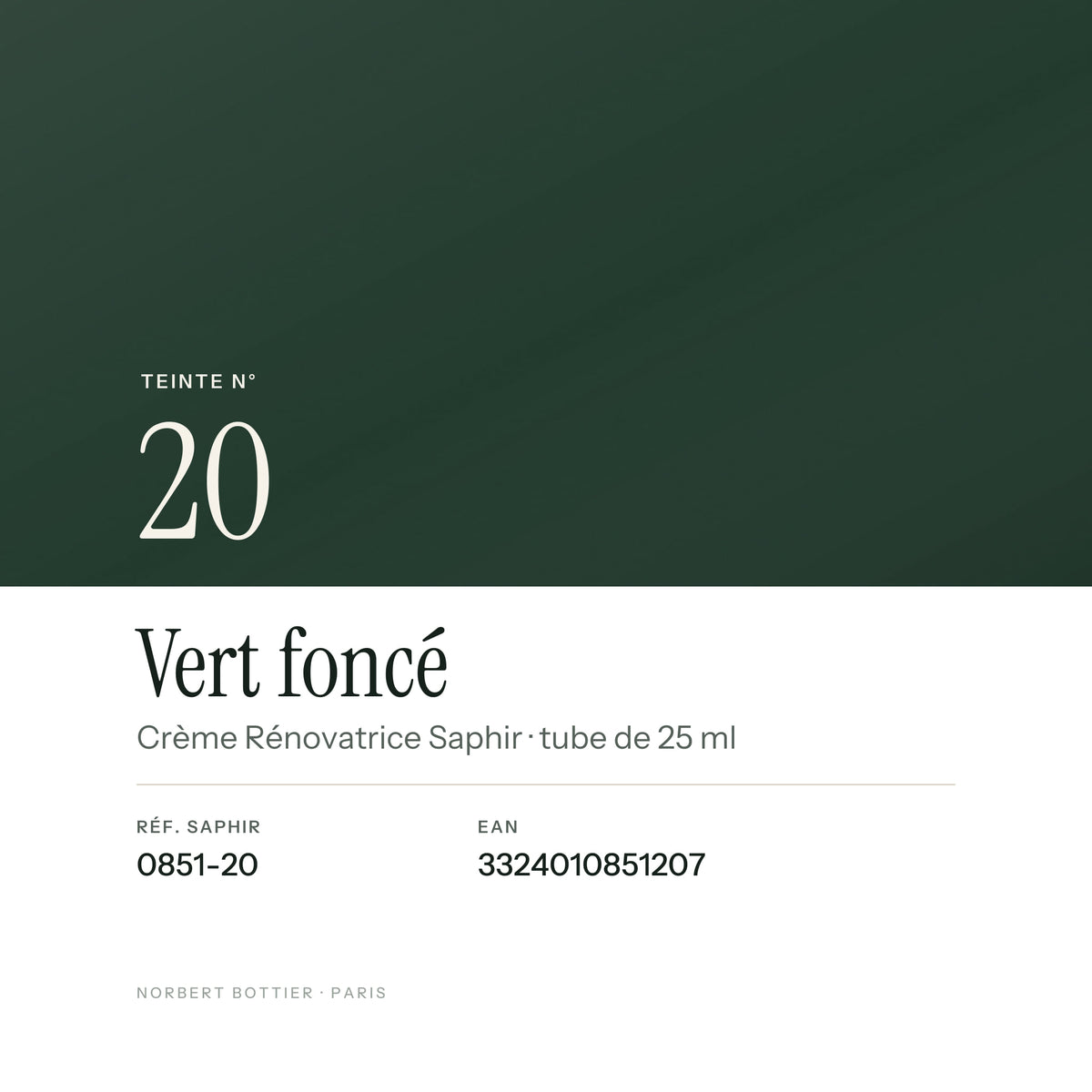 Teinte Vert foncé n° 20 de la Crème Rénovatrice Saphir, réf. 0851-20, EAN 3324010851207