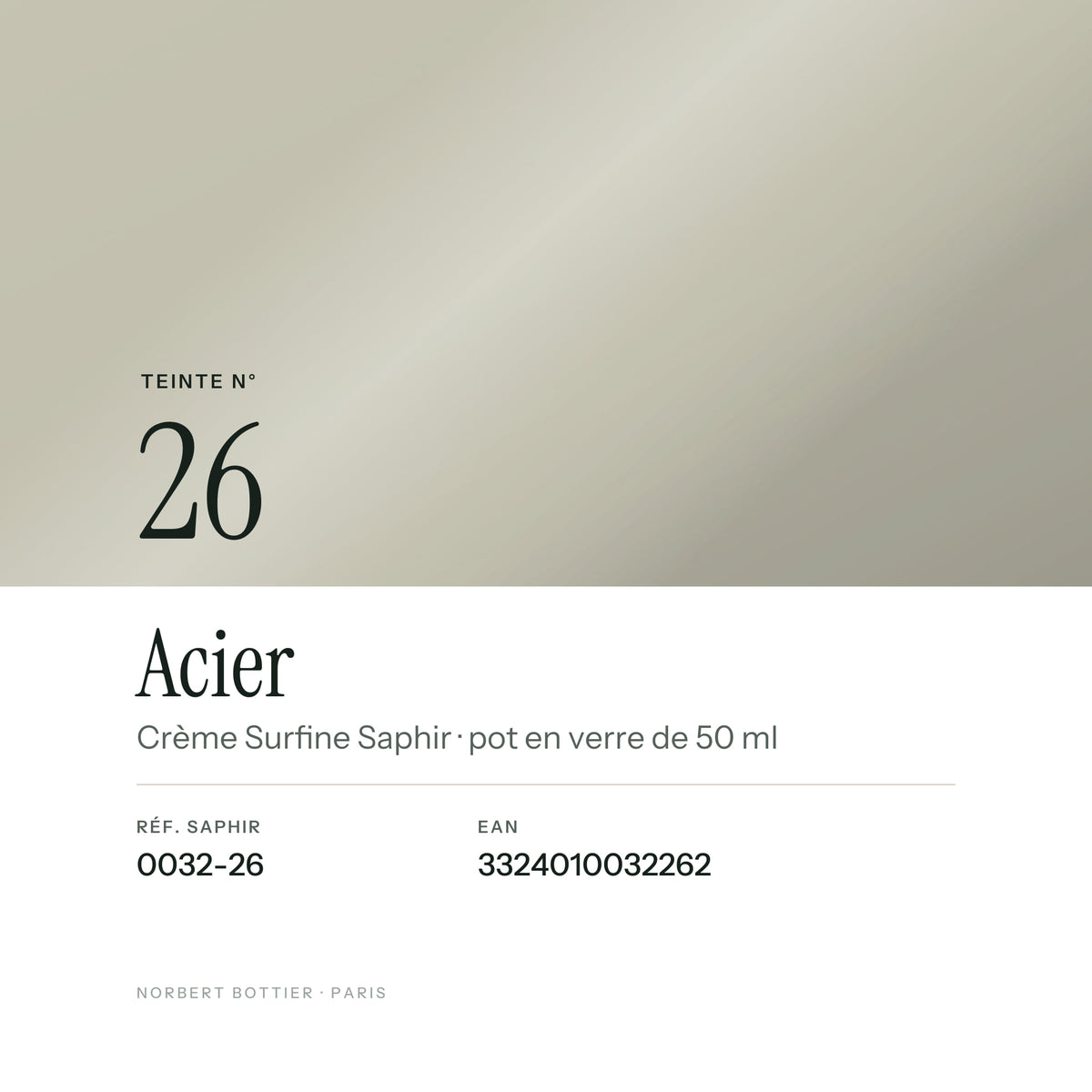 Teinte Acier n° 26 de la Crème Surfine Saphir, réf. 0032-26, EAN 3324010032262