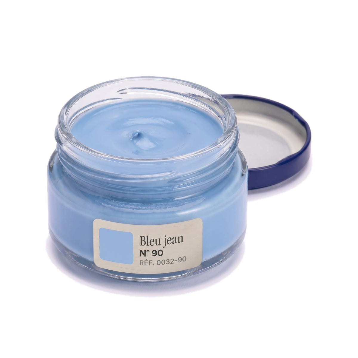 Crème Surfine Saphir Bleu jean, pot ouvert, crème visible