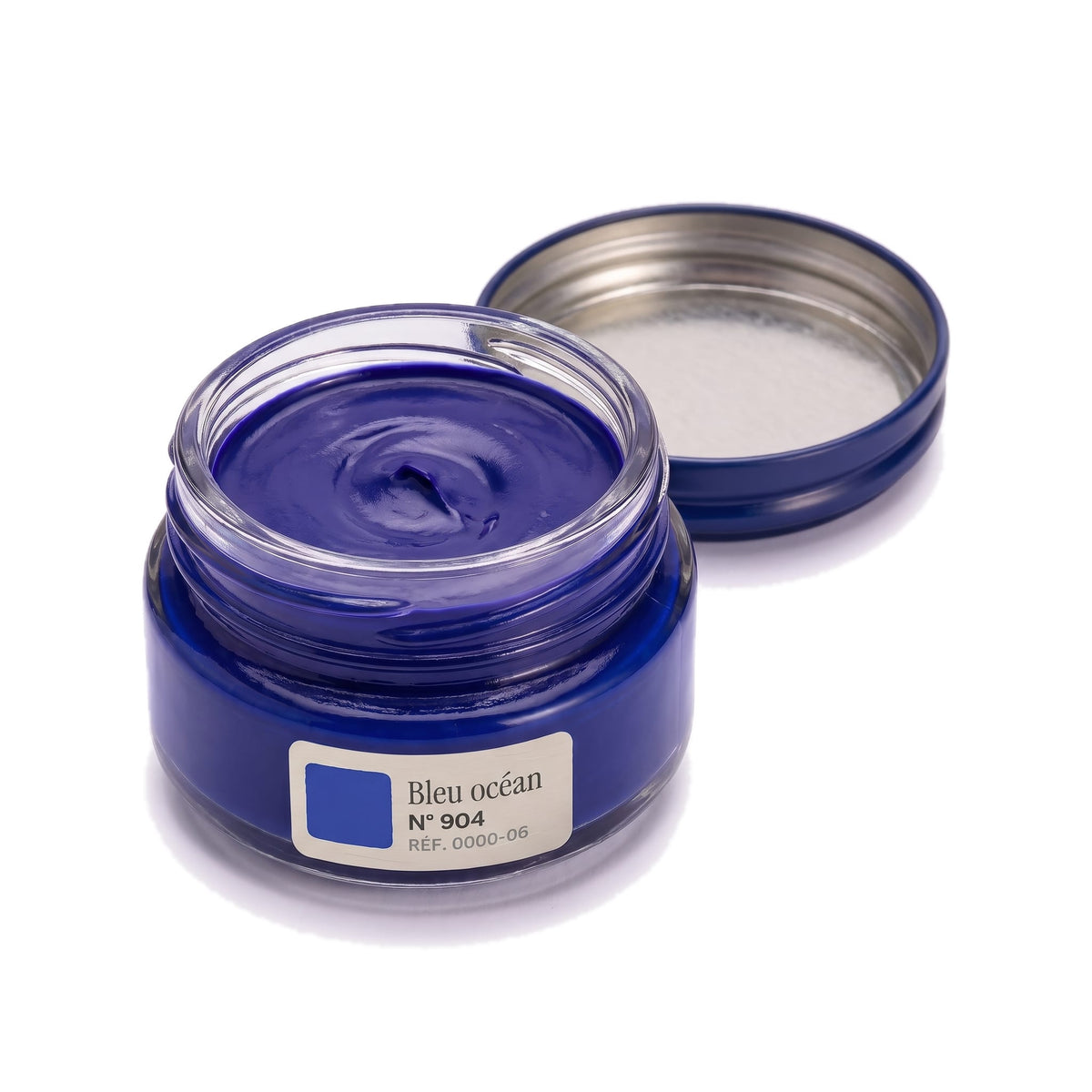 Crème Surfine Saphir Bleu océan, pot ouvert, crème visible