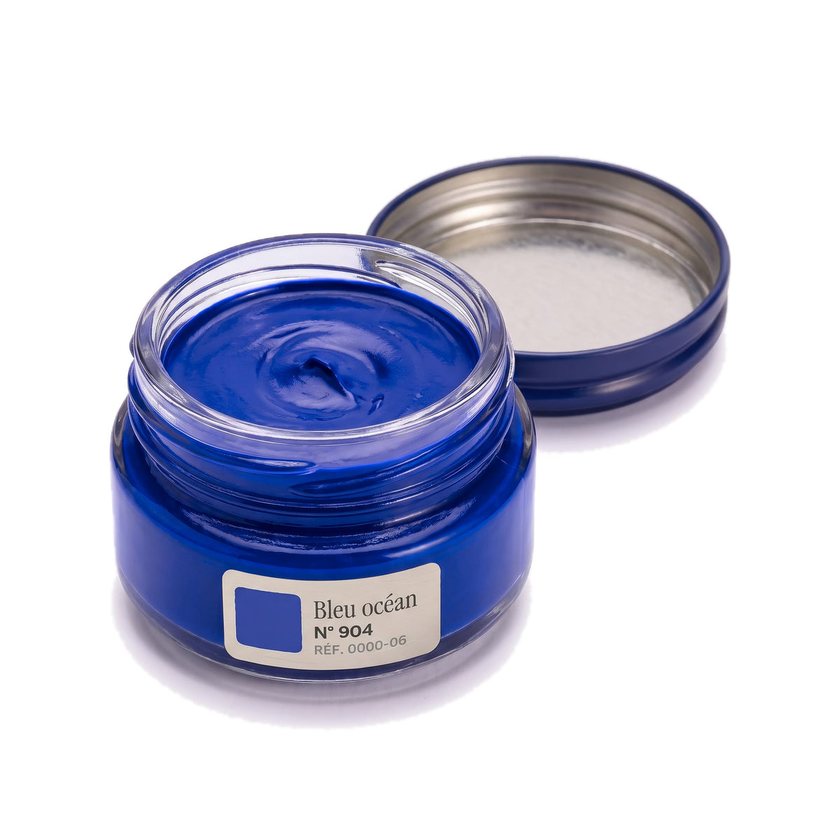 Crème Surfine Saphir Bleu océan, pot ouvert, crème visible