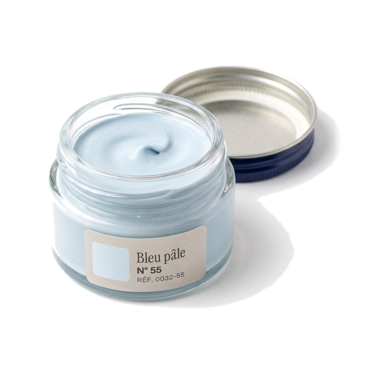 Crème Surfine Saphir Bleu pâle, pot ouvert, crème visible