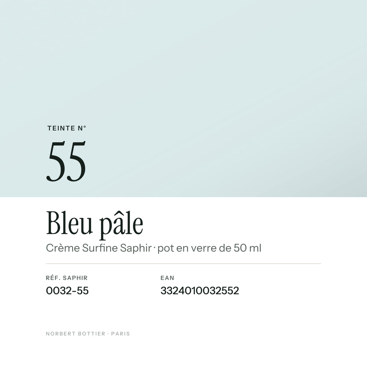 Teinte Bleu pâle n° 55 de la Crème Surfine Saphir, réf. 0032-55, EAN 3324010032552