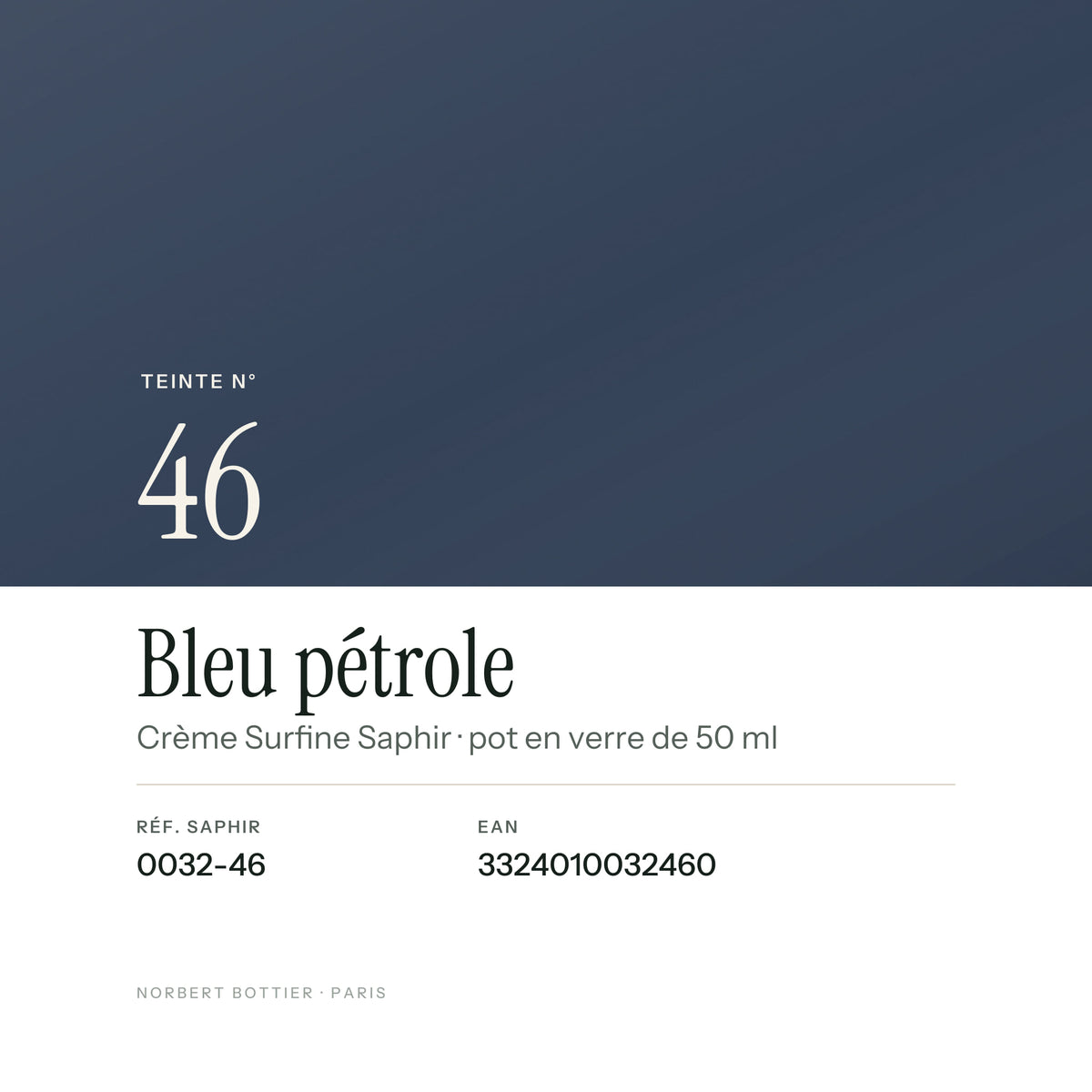 Teinte Bleu pétrole n° 46 de la Crème Surfine Saphir, réf. 0032-46, EAN 3324010032460