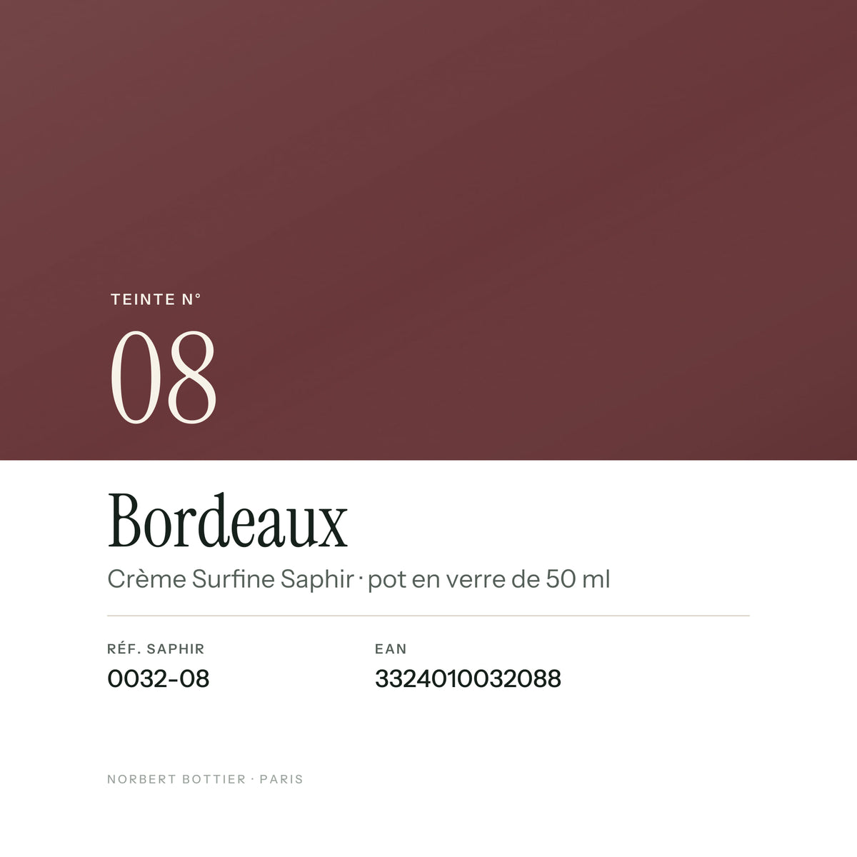 Teinte Bordeaux n° 08 de la Crème Surfine Saphir, réf. 0032-08, EAN 3324010032088