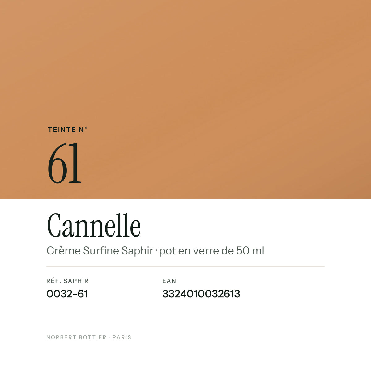 Teinte Cannelle n° 61 de la Crème Surfine Saphir, réf. 0032-61, EAN 3324010032613