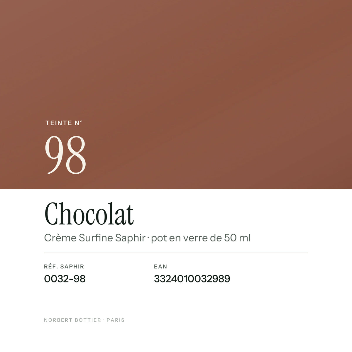 Teinte Chocolat n° 98 de la Crème Surfine Saphir, réf. 0032-98, EAN 3324010032989