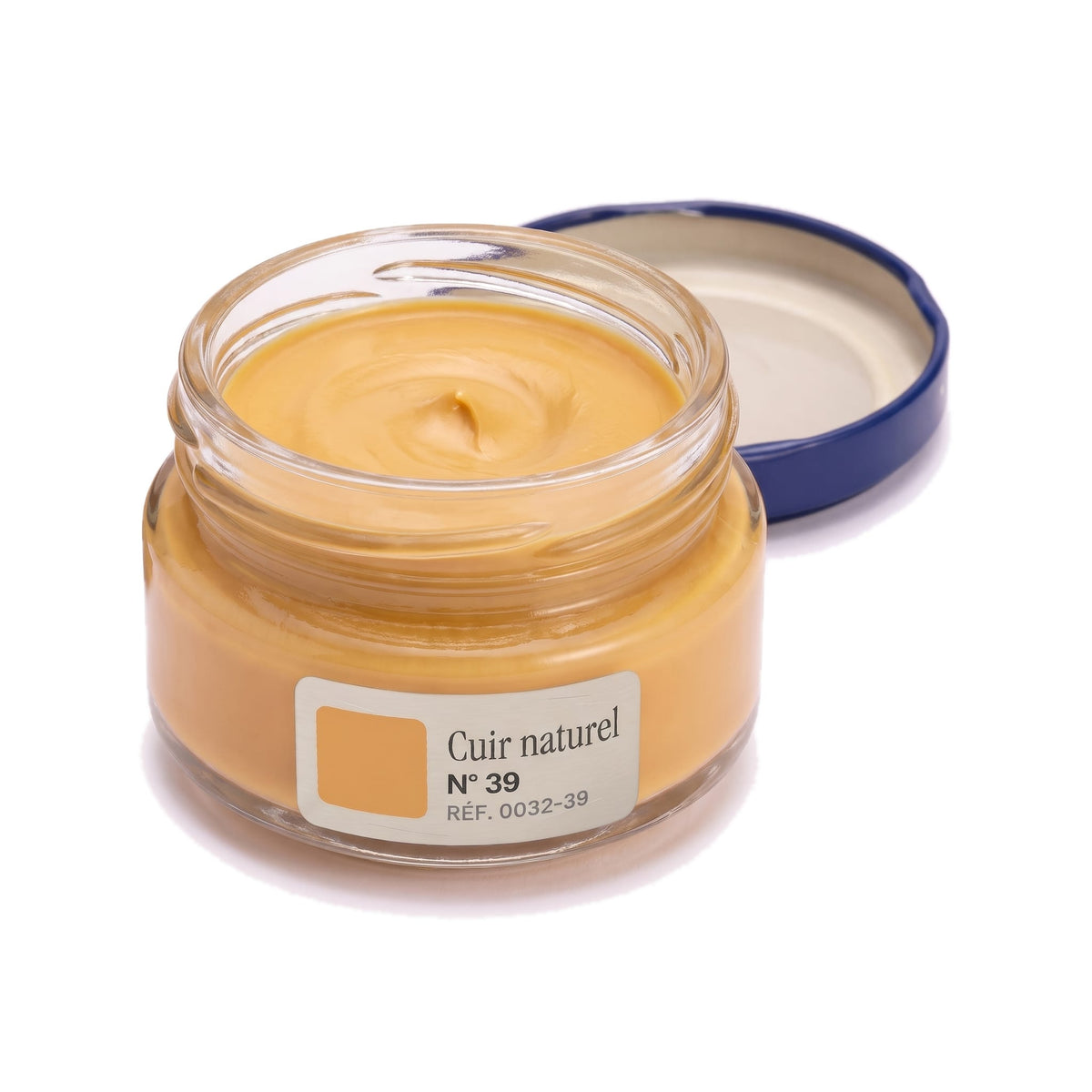 Crème Surfine Saphir Cuir naturel, pot ouvert, crème visible