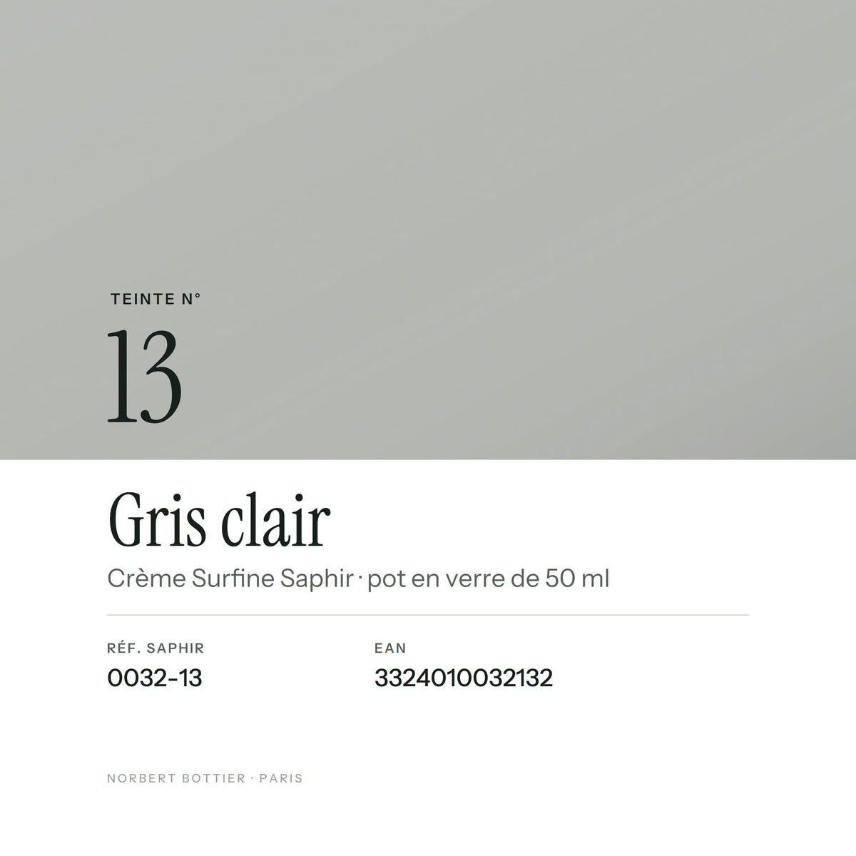 Teinte Gris clair n° 13 de la Crème Surfine Saphir, réf. 0032-13, EAN 3324010032132