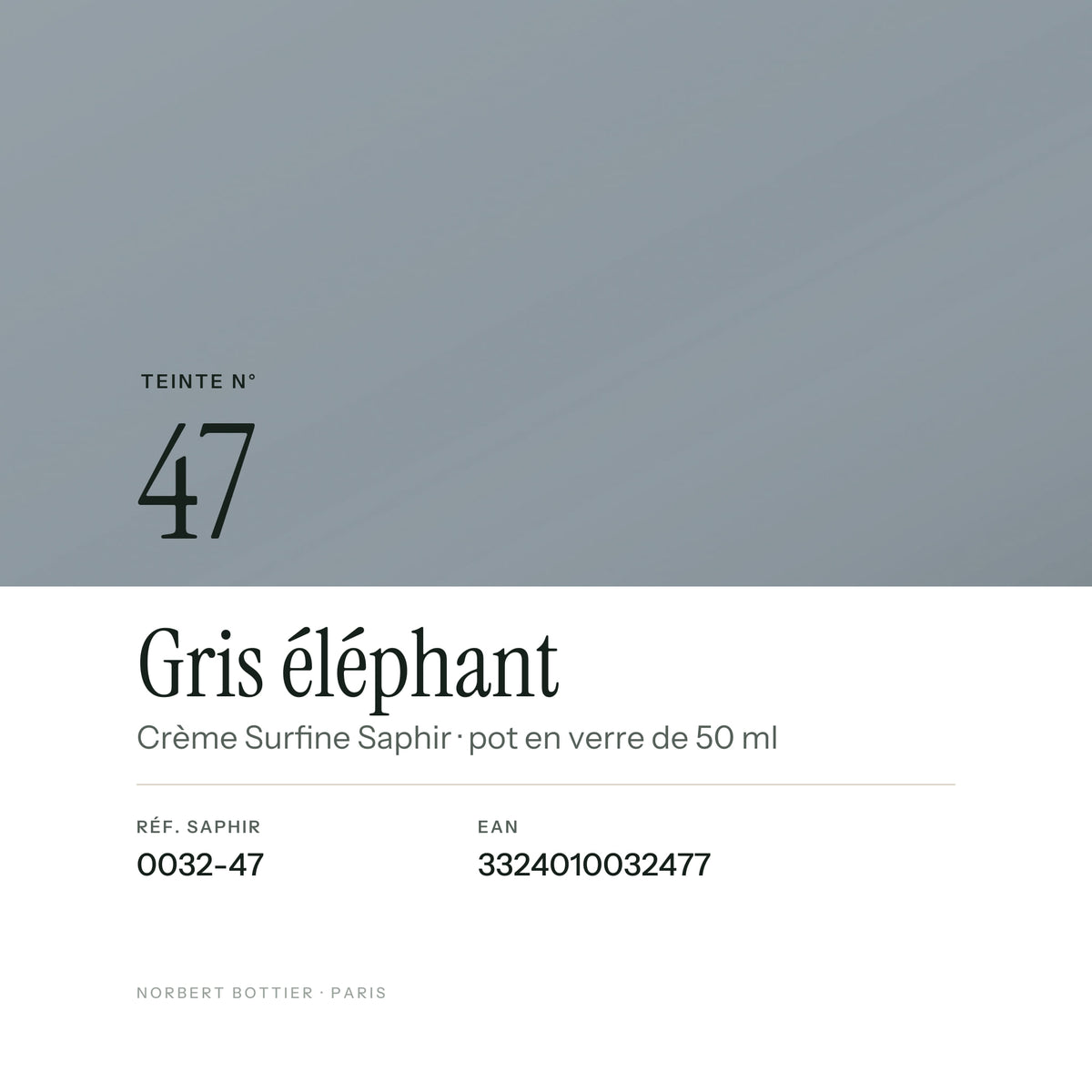 Teinte Gris éléphant n° 47 de la Crème Surfine Saphir, réf. 0032-47, EAN 3324010032477