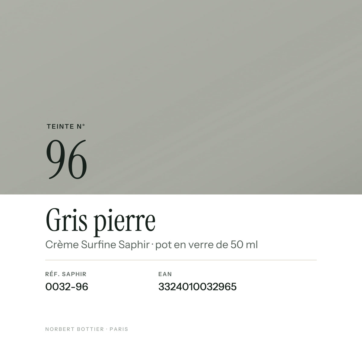 Teinte Gris pierre n° 96 de la Crème Surfine Saphir, réf. 0032-96, EAN 3324010032965