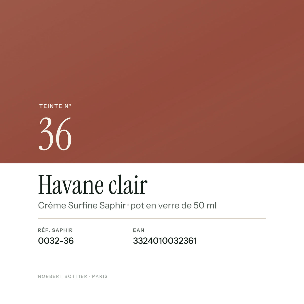 Teinte Havane clair n° 36 de la Crème Surfine Saphir, réf. 0032-36, EAN 3324010032361