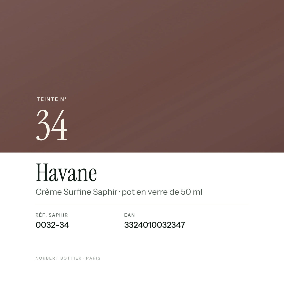 Teinte Havane n° 34 de la Crème Surfine Saphir, réf. 0032-34, EAN 3324010032347