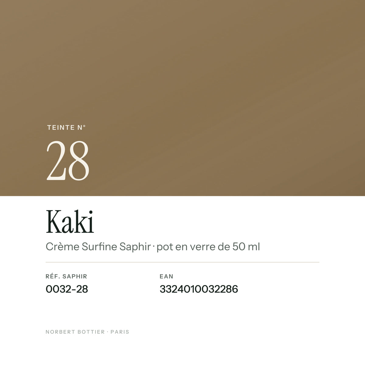 Teinte Kaki n° 28 de la Crème Surfine Saphir, réf. 0032-28, EAN 3324010032286