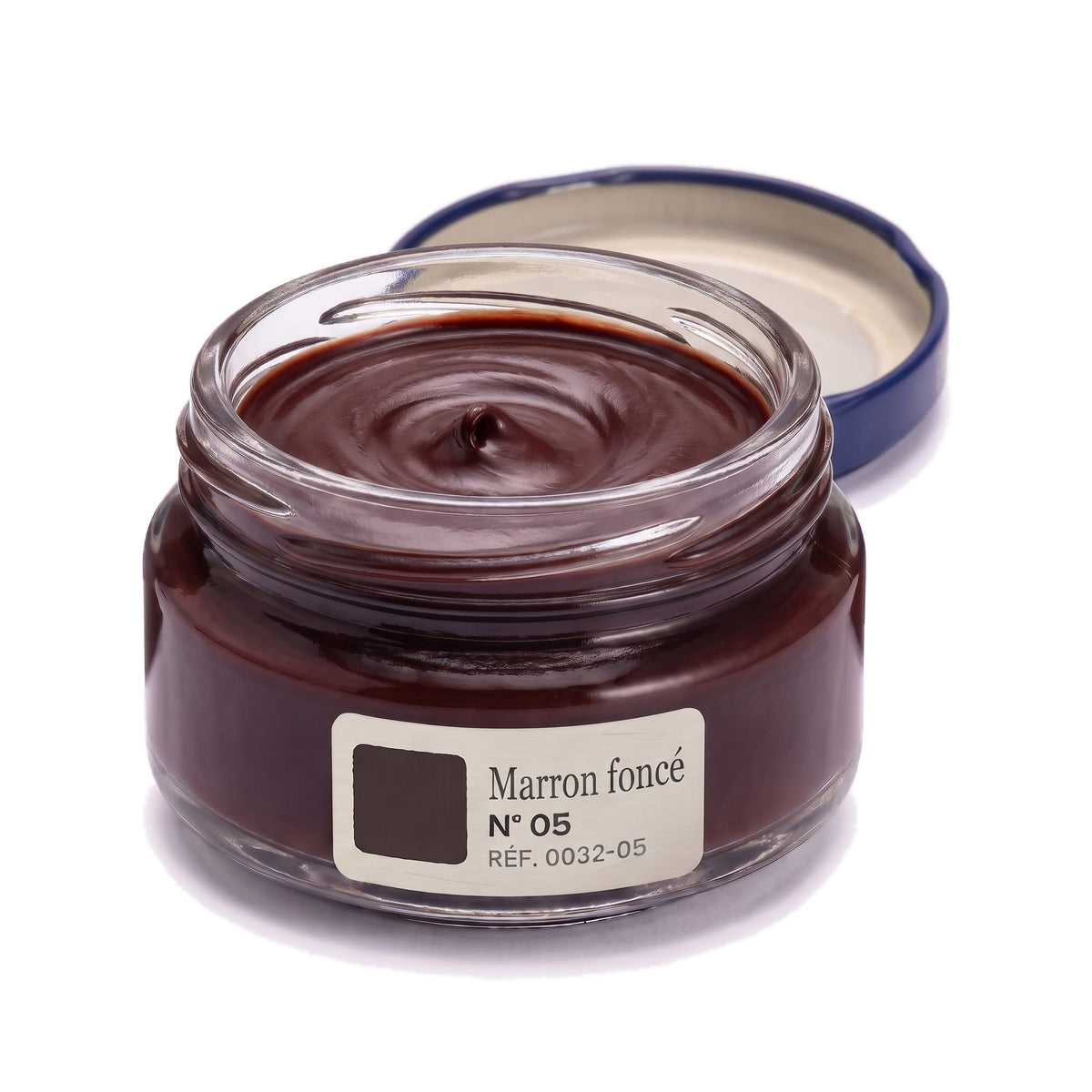 Crème Surfine Saphir Marron foncé, pot ouvert, crème visible