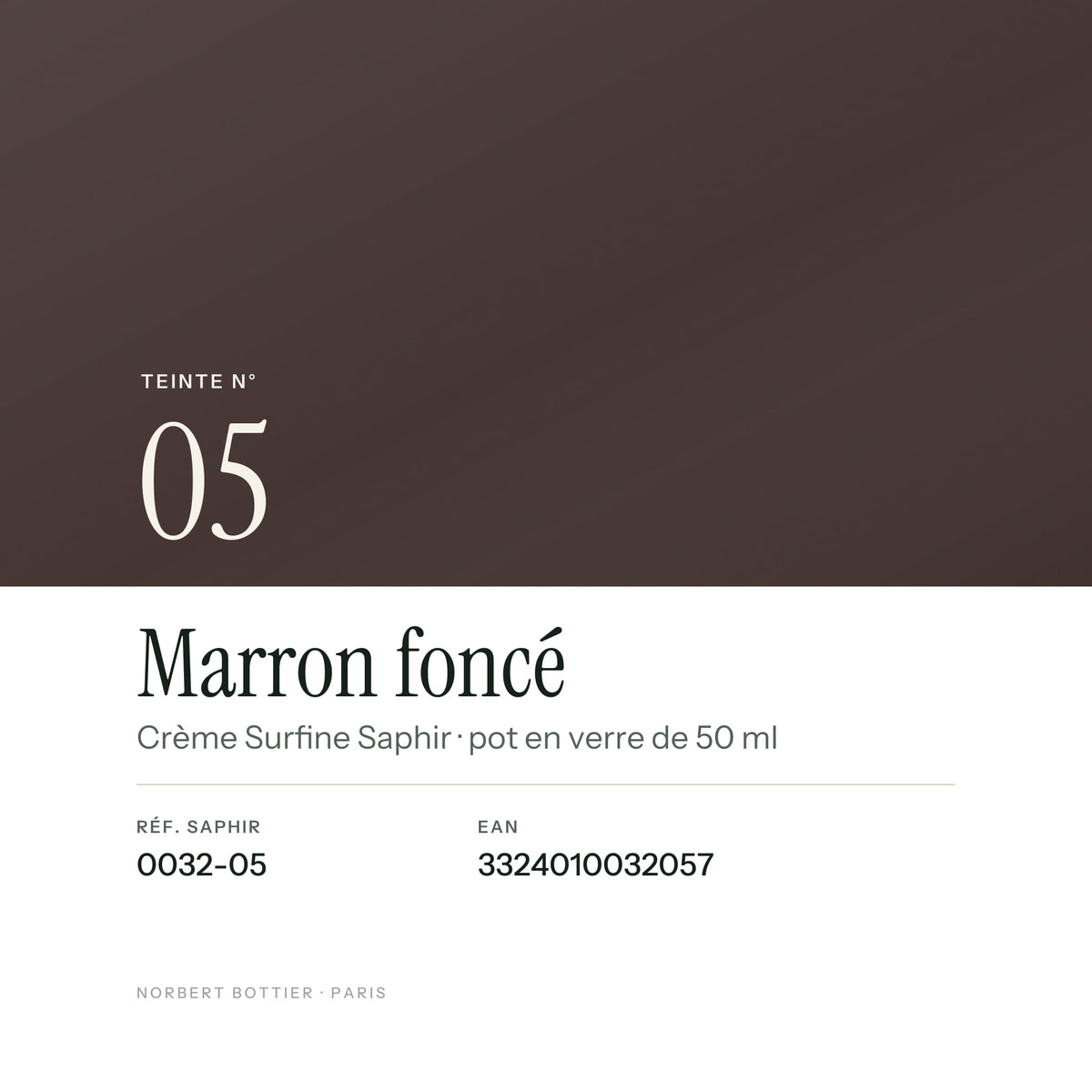 Teinte Marron foncé n° 05 de la Crème Surfine Saphir, réf. 0032-05, EAN 3324010032057