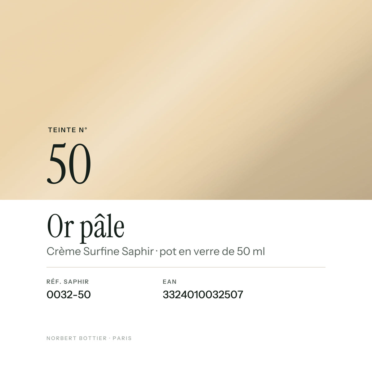 Teinte Or pâle n° 50 de la Crème Surfine Saphir, réf. 0032-50, EAN 3324010032507