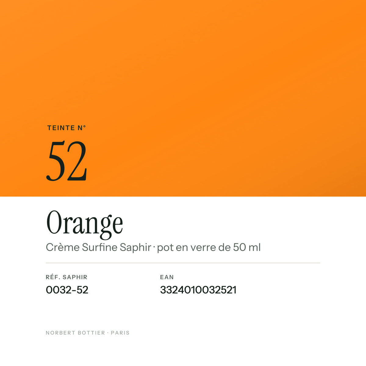 Teinte Orange n° 52 de la Crème Surfine Saphir, réf. 0032-52, EAN 3324010032521