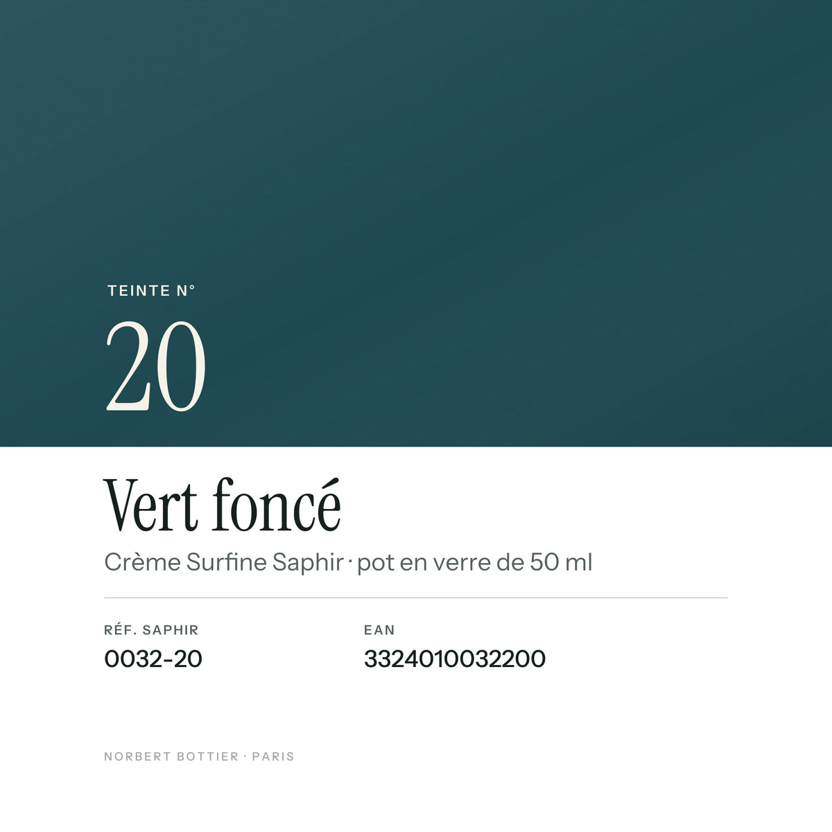 Teinte Vert foncé n° 20 de la Crème Surfine Saphir, réf. 0032-20, EAN 3324010032200