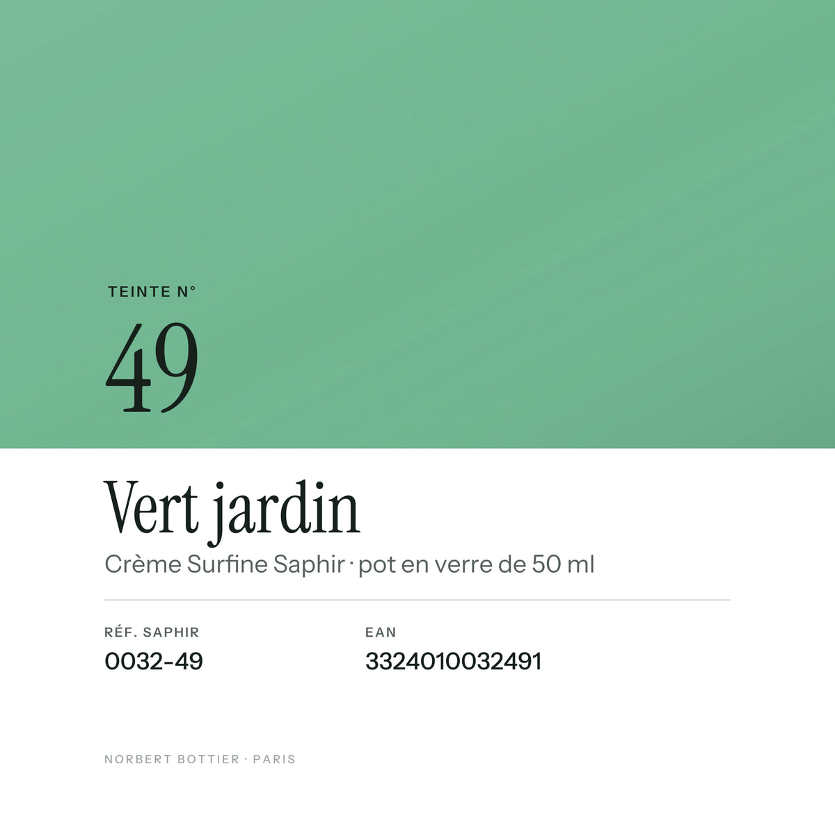 Teinte Vert jardin n° 49 de la Crème Surfine Saphir, réf. 0032-49, EAN 3324010032491