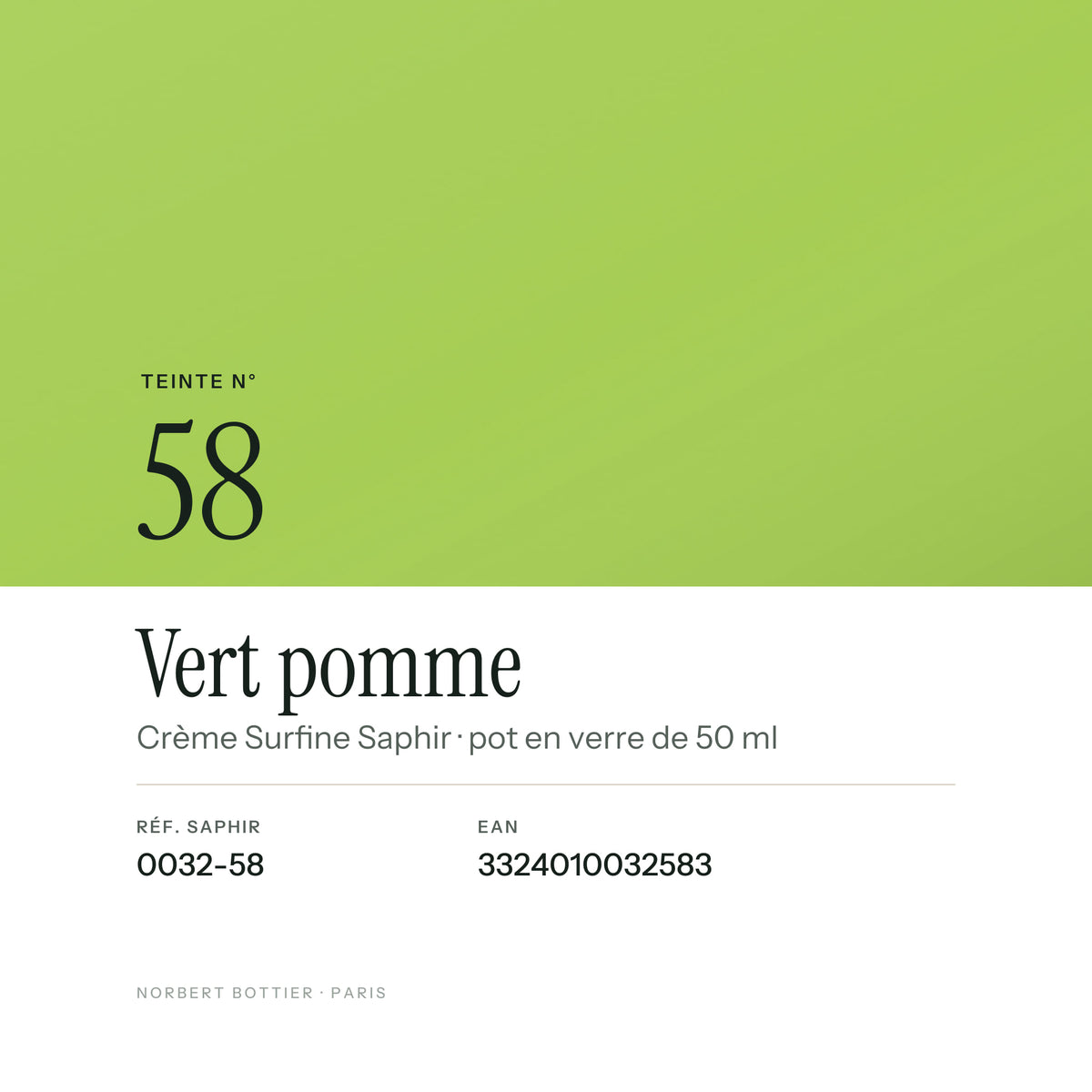 Teinte Vert pomme n° 58 de la Crème Surfine Saphir, réf. 0032-58, EAN 3324010032583