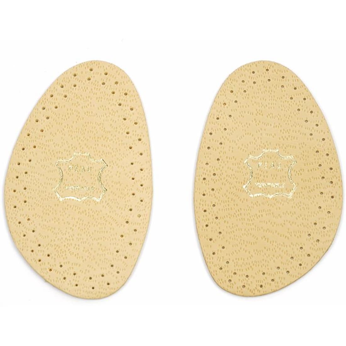Paire de demi-semelles en cuir vues de dessus, avec leur bordure perforée.