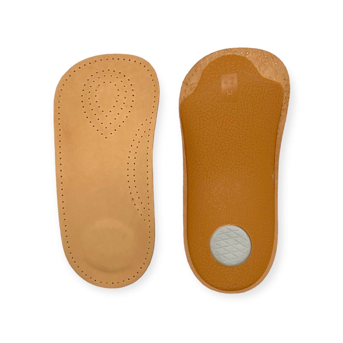 Demi-semelle orthopédique vue de dessus, cuir perforé, et de dessous, coque moulée marquée de la pointure, pastille blanche sous le talon.