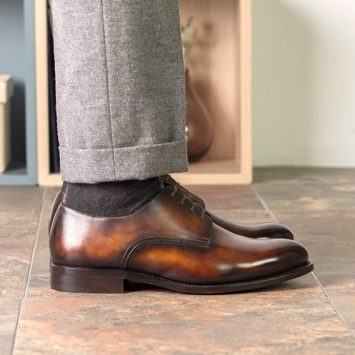 Derby Blucher en cuir patiné cognac fire – vue 5