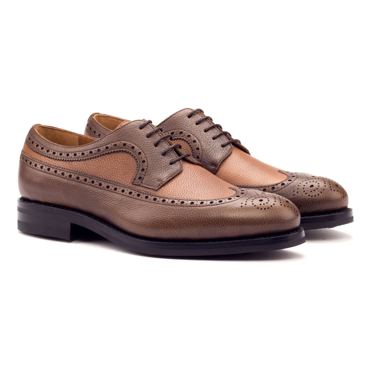 Derby Brogue fleuri en cuir grainé marron foncé et marron moyen - Semelles Dainite – vue 1