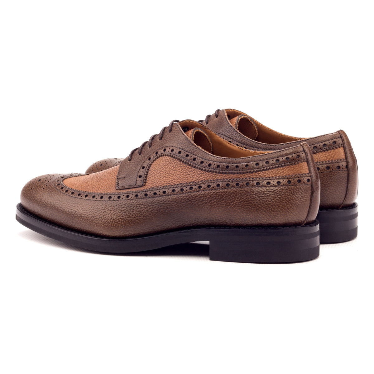 Derby Brogue fleuri en cuir grainé marron foncé et marron moyen - Semelles Dainite – vue 2