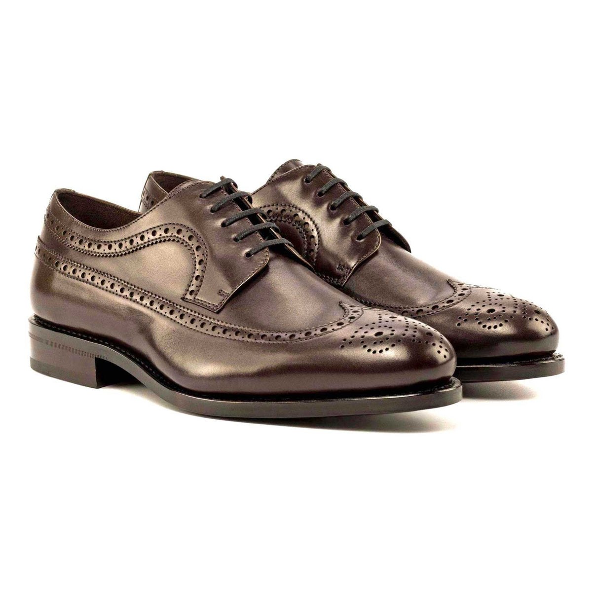 Derby Brogue fleuri en cuir marron foncé – vue 1