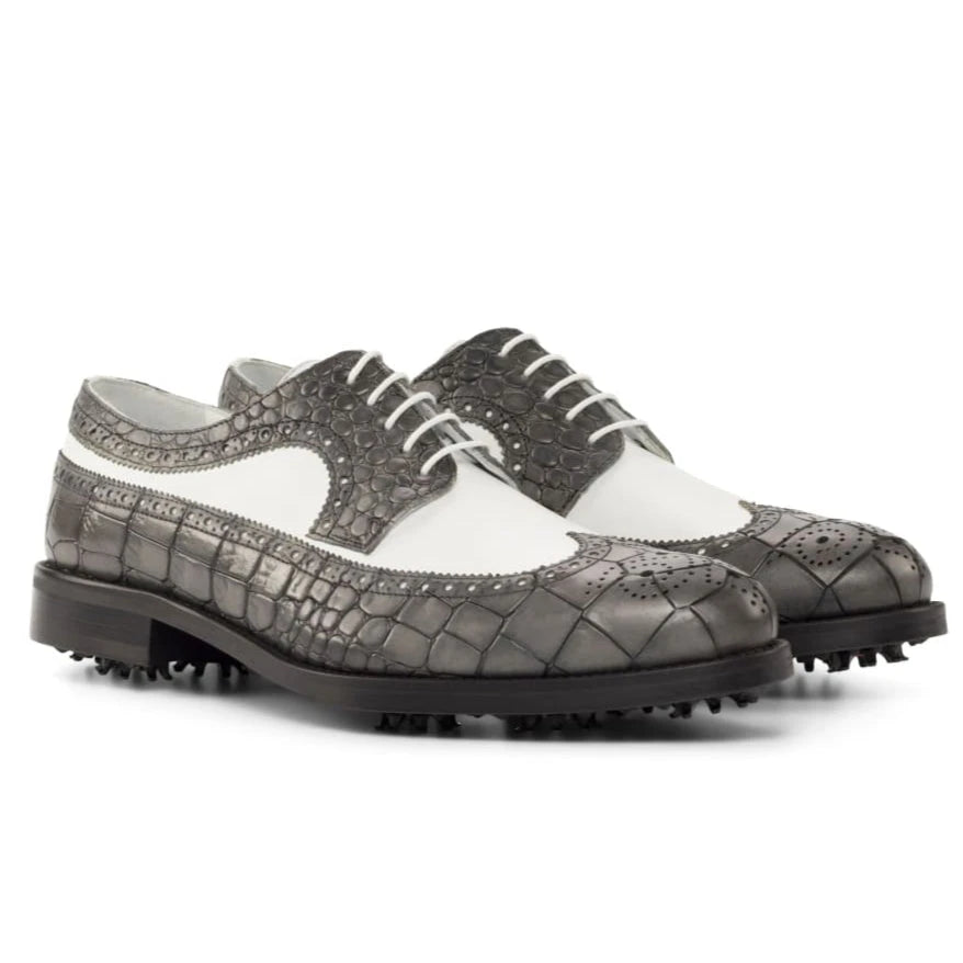 Derby à lacets de golf en cuir blanc et croco