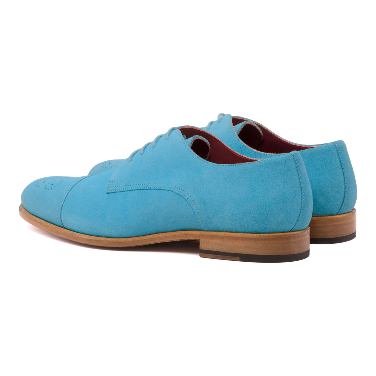 Derby bout droit fleuri en daim de chevreau turquoise, la paire vue de trois quarts arrière