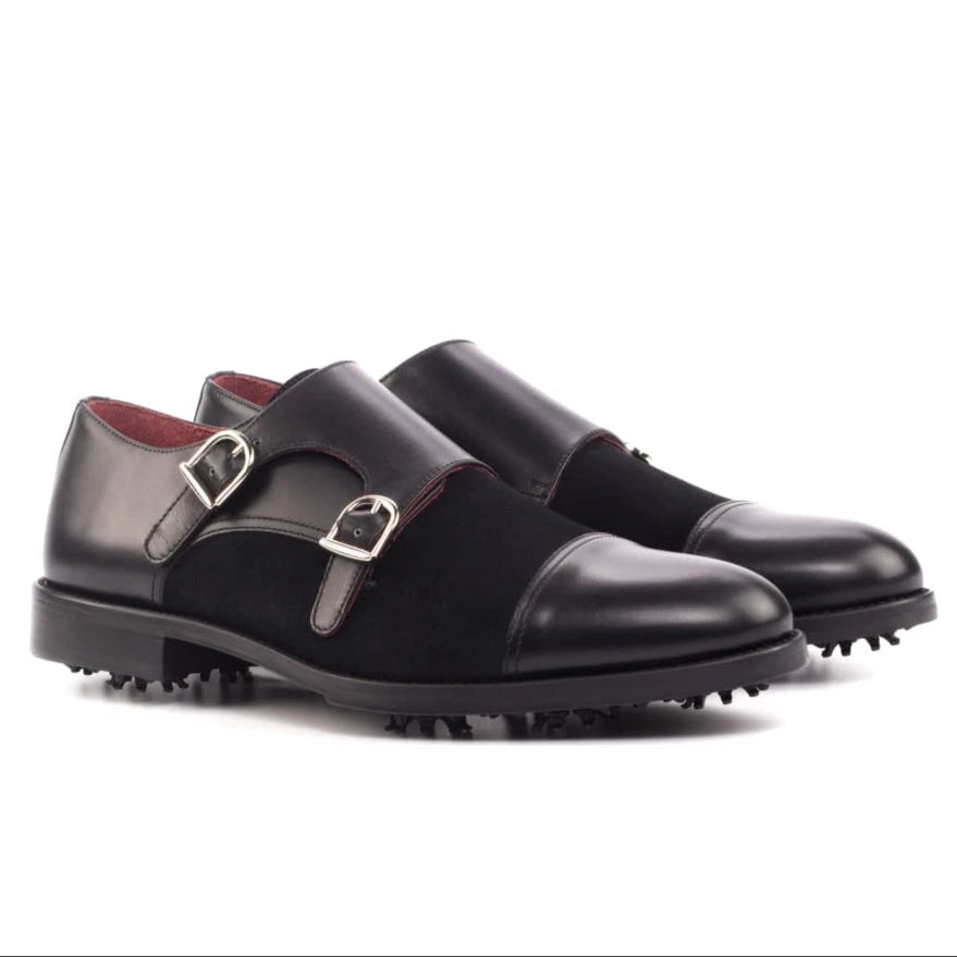 Derby double boucles de golf en cuir et daim noir