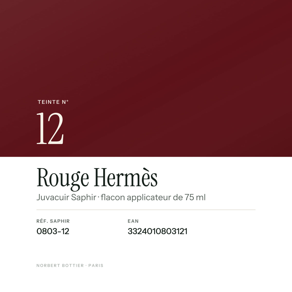 Teinte Rouge Hermès n° 12 de la Juvacuir Saphir, réf. 0803-12, EAN 3324010803121
