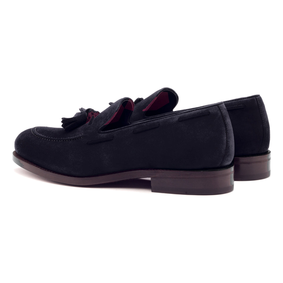 Mocassin à glands en daim bleu marine, vue de trois quarts arrière