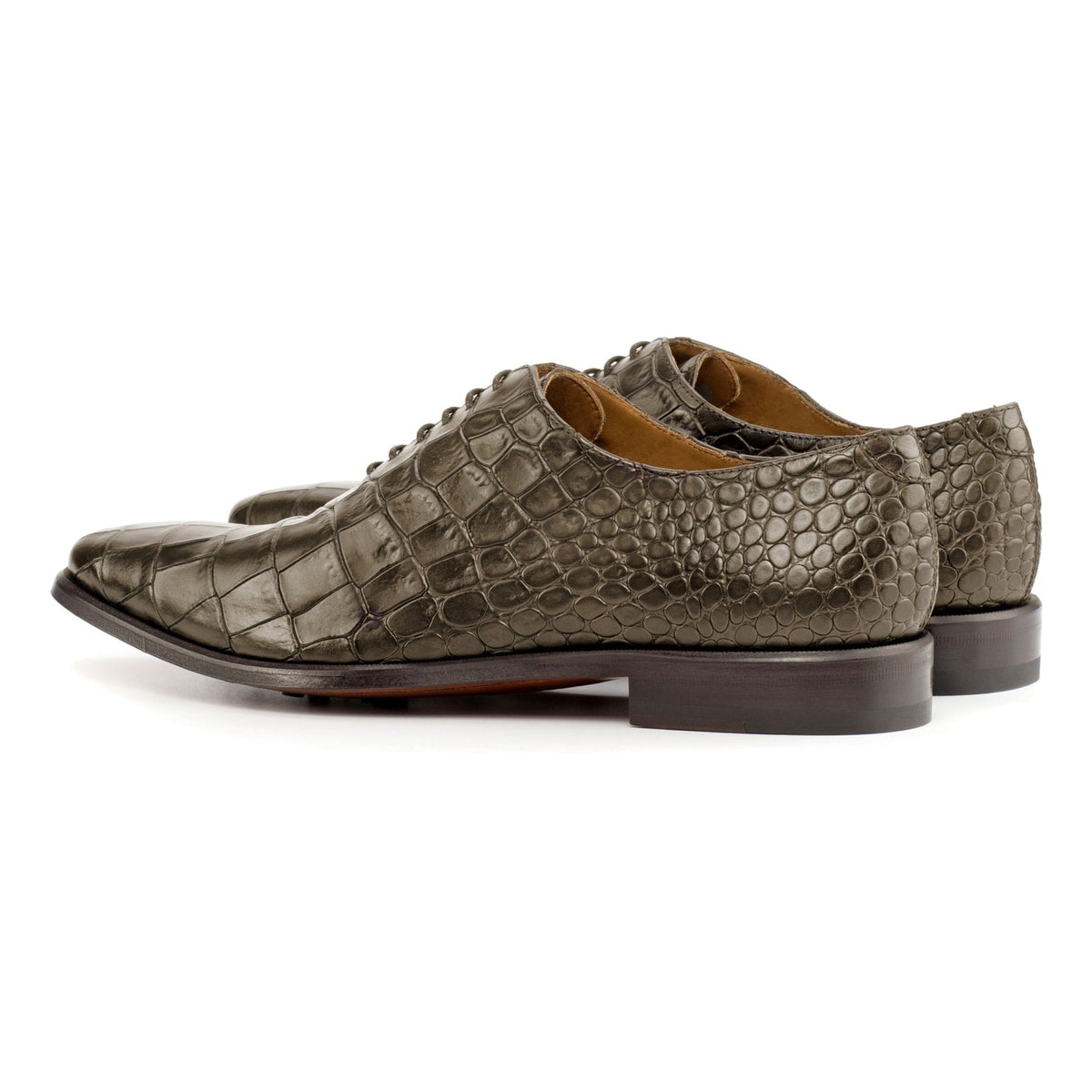 One Cut en cuir façon croco vert olive, la paire vue de trois quarts arrière
