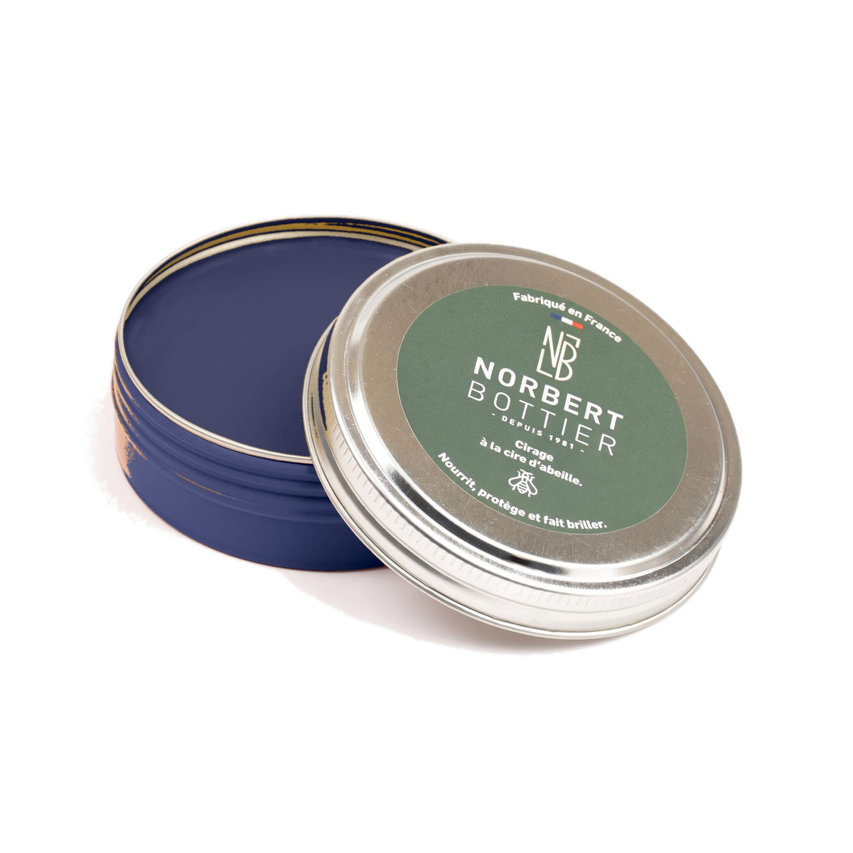 Pâte de cirage bleu marine 50 ml Norbert Bottier, boîte métal de 50 ml, ouvert